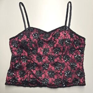 Vintage Y2K Beaded Sequin Lace Corset Style Camisole Large Red Black‎ Whimsigoth